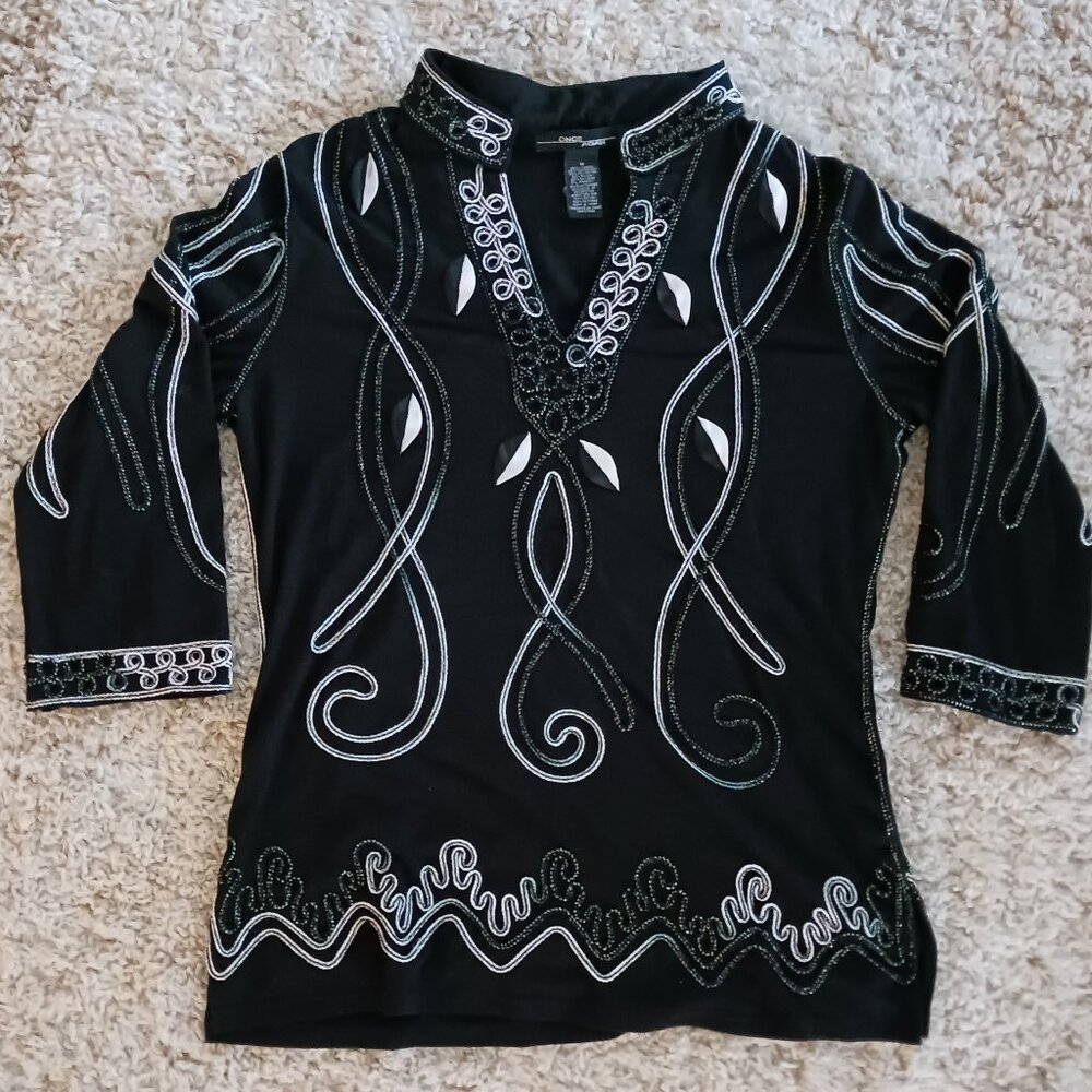 ONCE AGAIN Women's Black Tunic Top Metallic Soutache Detail Size M 3/4 Sleeve